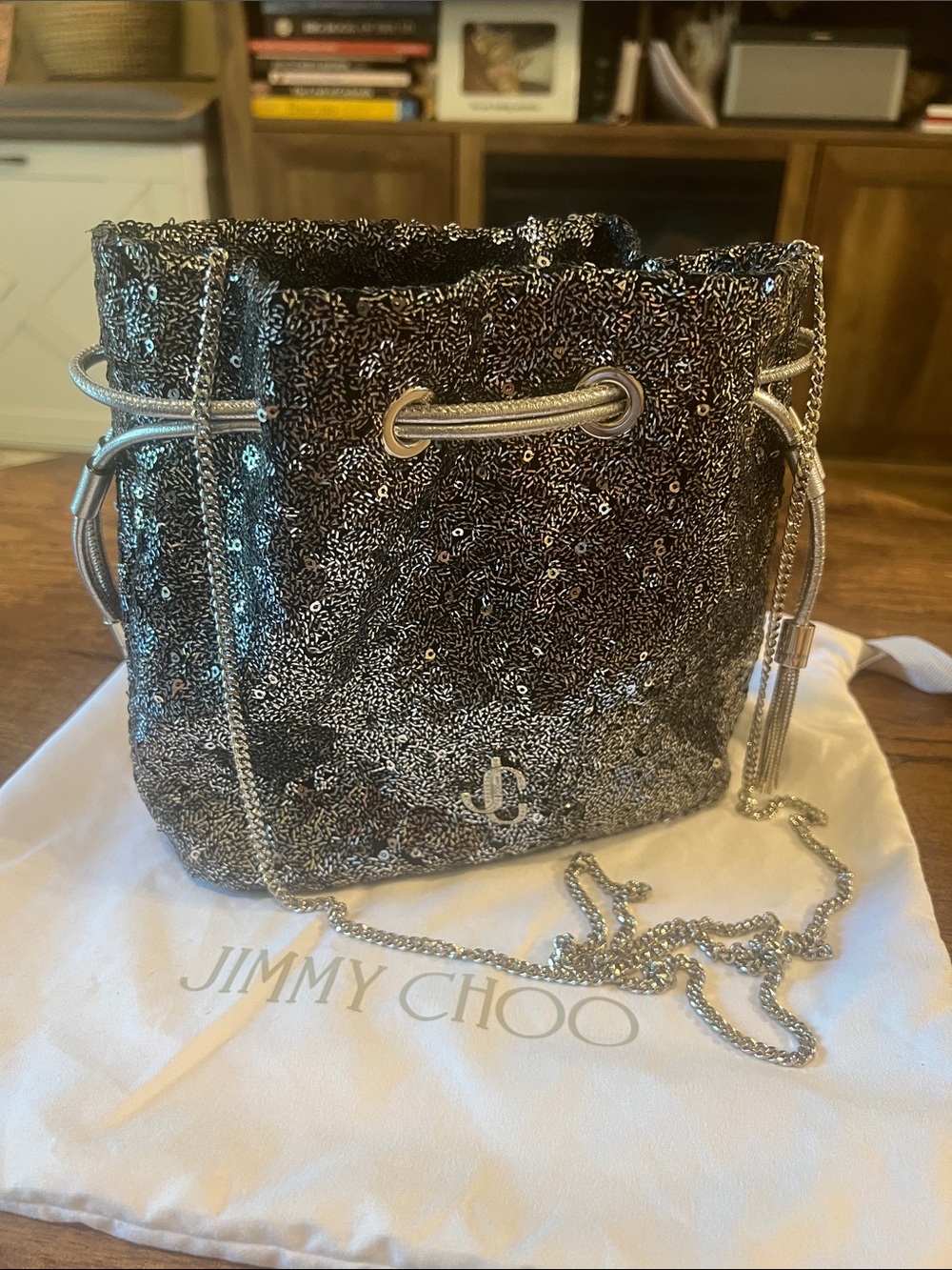 Jimmy Choo Silver/Graphite Sequin Drawstring Mini Bucket Bag - Picture 6 of 13